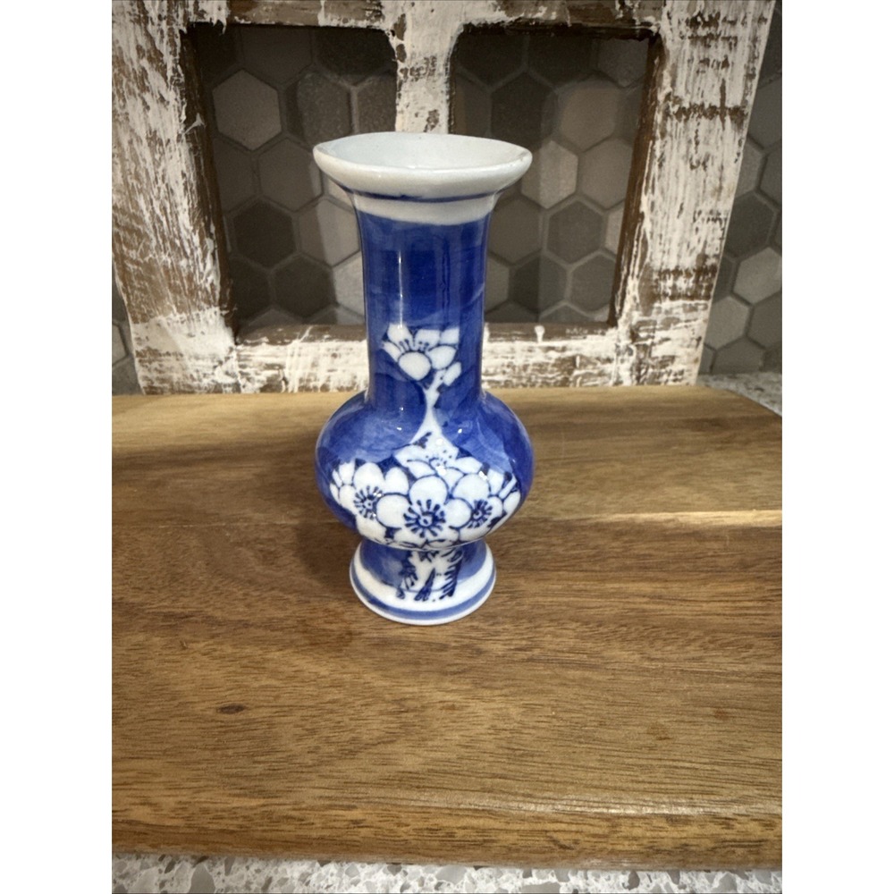 Vintage Cobalt Blue Glazed Pottery Cherry Blossom Bud Vase White Flower Motif